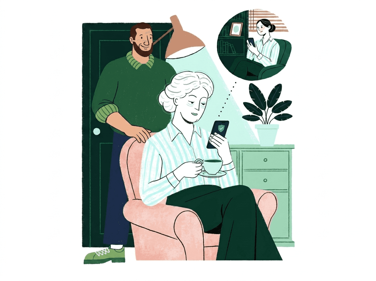 An older woman with a cup of tea calmly checking her phone, while in a small vignette her daughter receives a gentle alert on hers