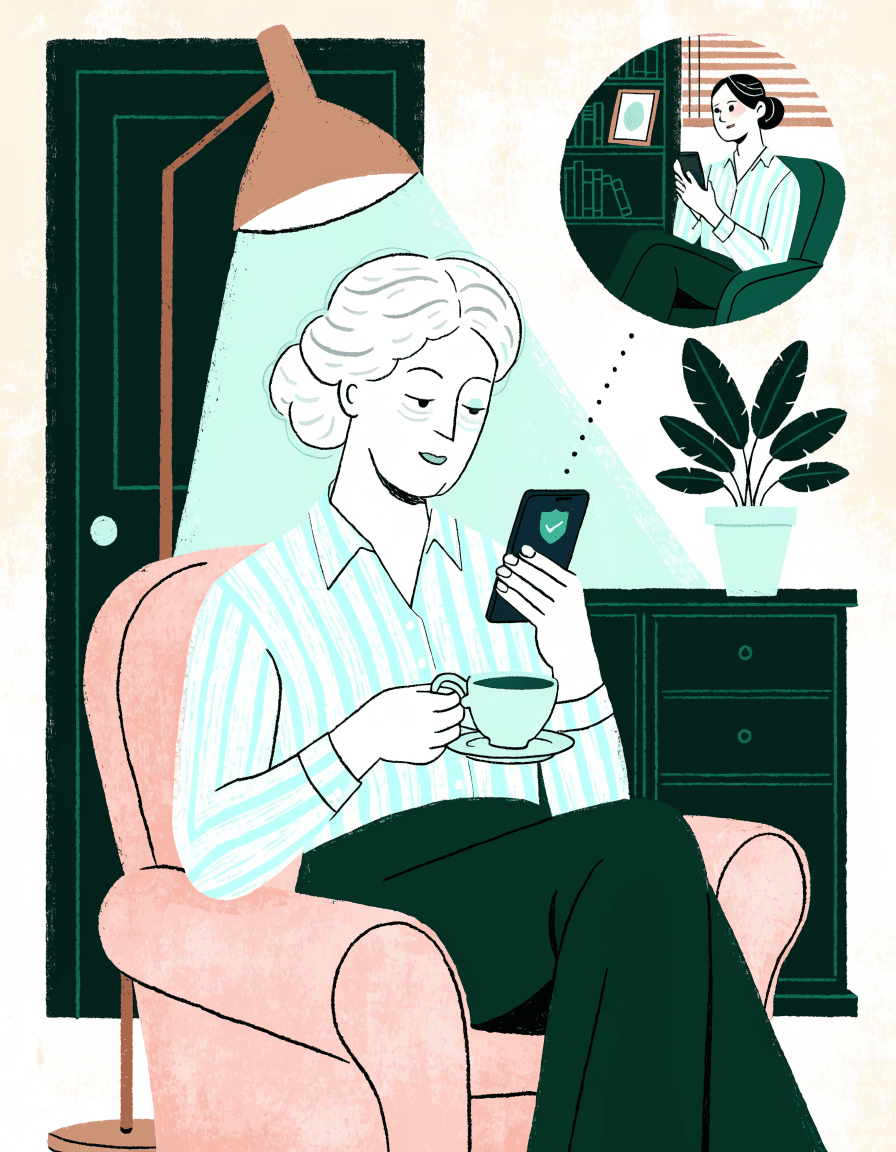 An older woman with a cup of tea calmly checking her phone, while in a small vignette her daughter receives a gentle alert on hers