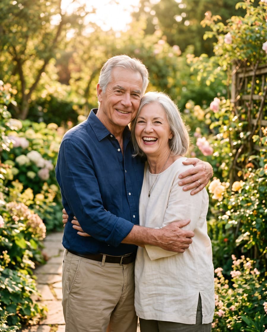 An older couple standing close together in a sunlit garden
